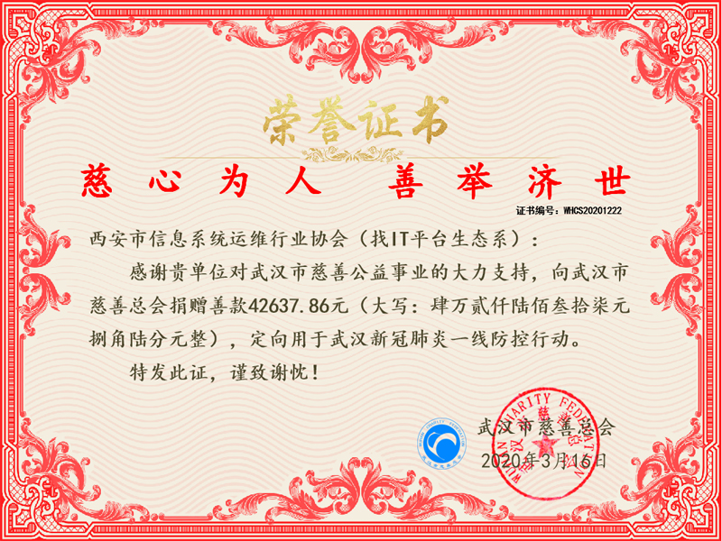 新冠疫情慈善捐款荣誉证书-武汉市慈善总会